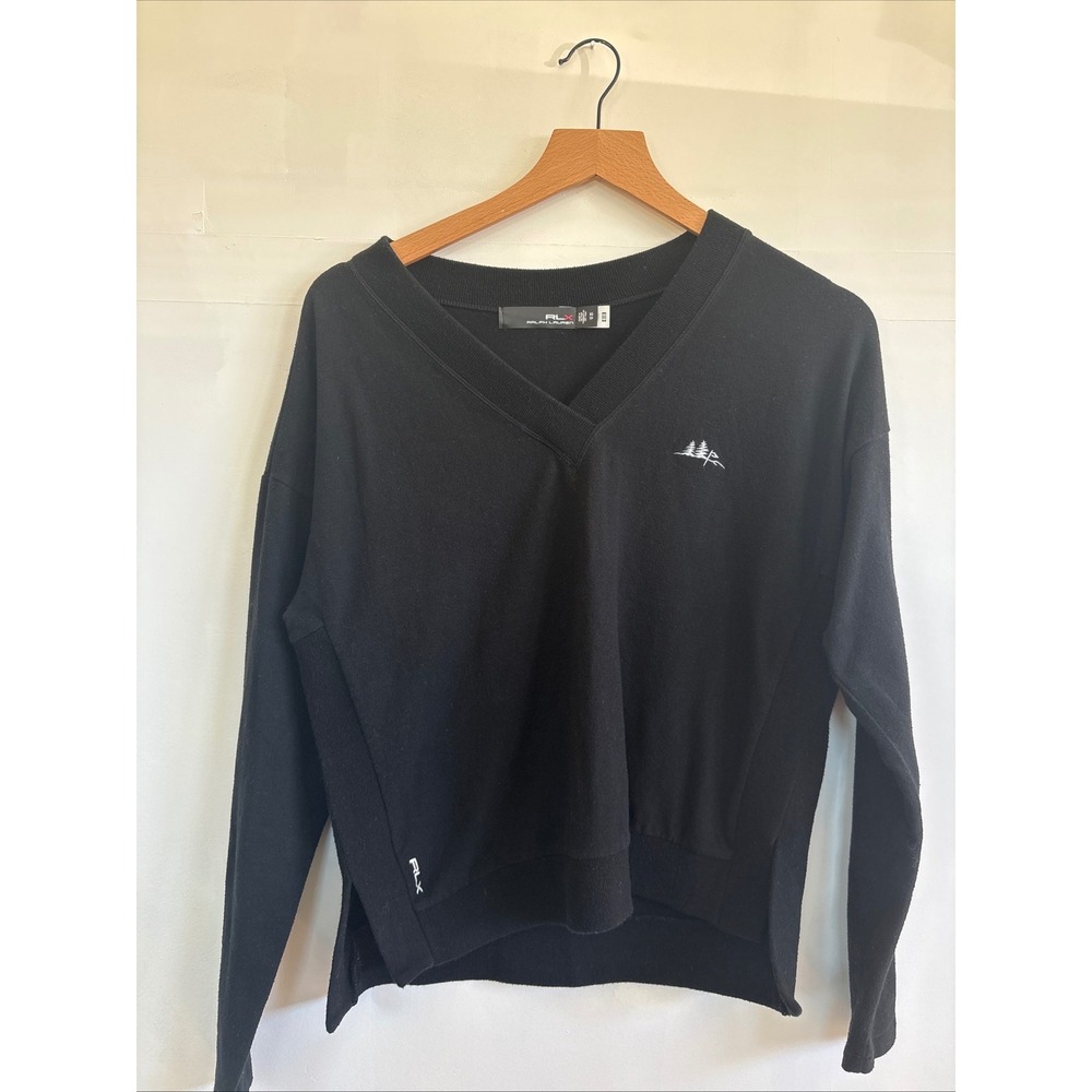 RLX Ralph Lauren Womens V-Neck Sweater Black Cotton Blend Logo XS TP